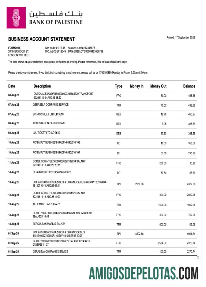 Realista Palestino Banco da Empresa Palestina Extrato de Conta Corrente Modelo Word e PDF